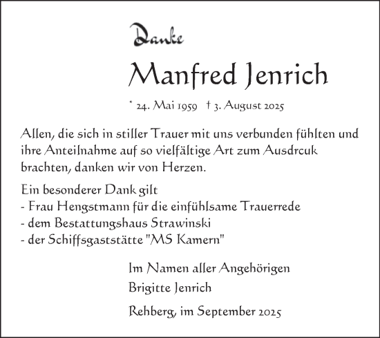 Traueranzeige von Manfred Jenrich von Volksstimme Altmark Ost