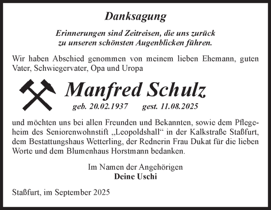 Traueranzeige von Manfred Schulz von Volksstimme Staßfurt