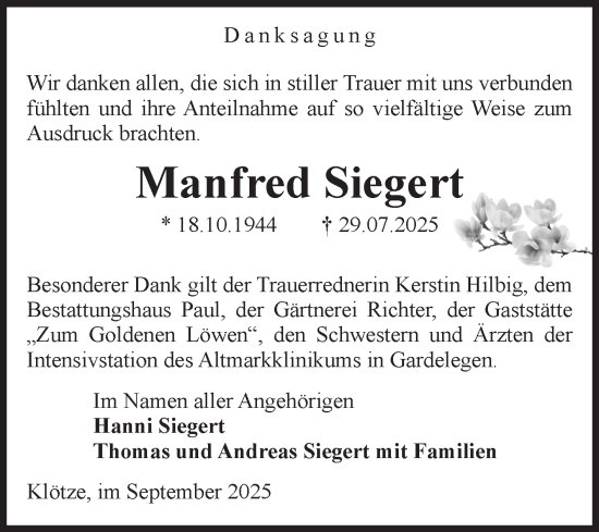 Traueranzeige von Manfred Siegert von Volksstimme Altmark West