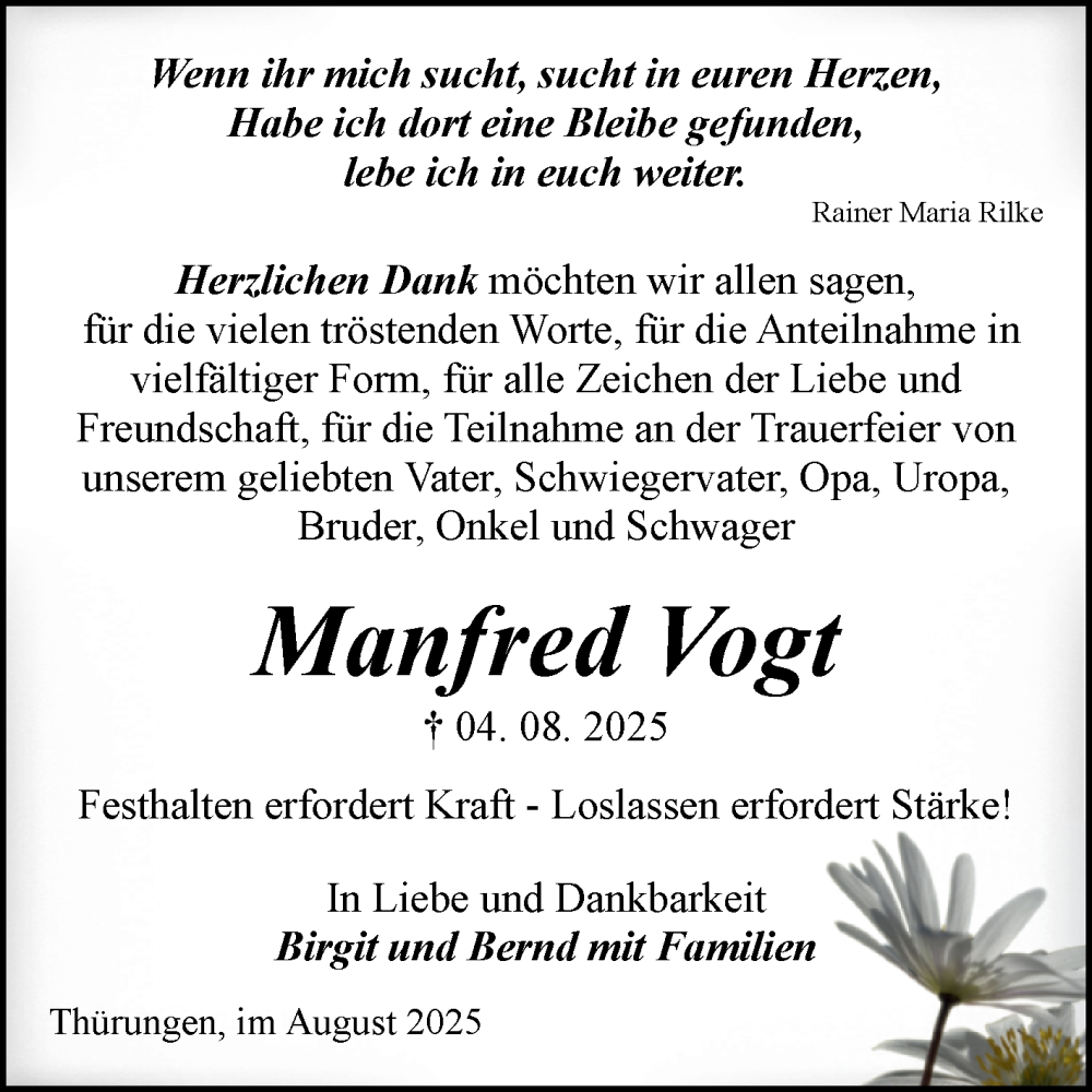  Traueranzeige für Manfred Vogt vom 06.09.2025 aus Trauerkombi Sangerhausen