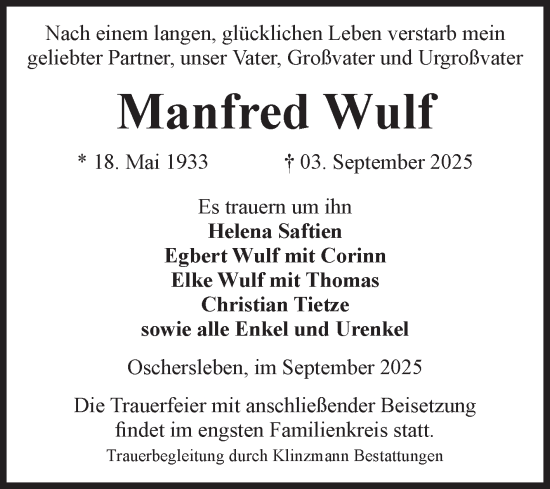 Traueranzeige von Manfred Wulf von Volksstimme Oschersleben/Wanzleben