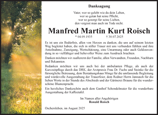 Traueranzeige von Manfred Martin Kurt Roisch von Volksstimme Oschersleben/Wanzleben