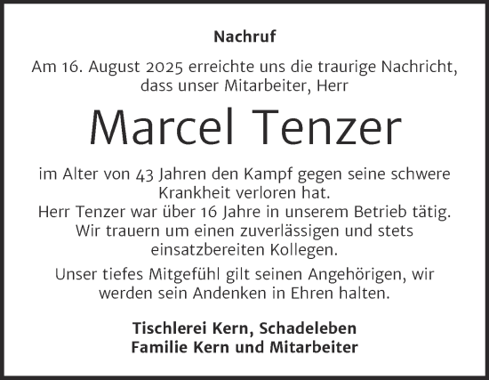 Traueranzeige von Marcel Tenzer von Mitteldeutsche Zeitung Aschersleben