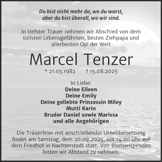 Traueranzeige von Marcel Tenzer von Trauerkombi Aschersleben