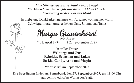 Traueranzeige von Marga Grauenhorst von Volksstimme Oschersleben/Wanzleben