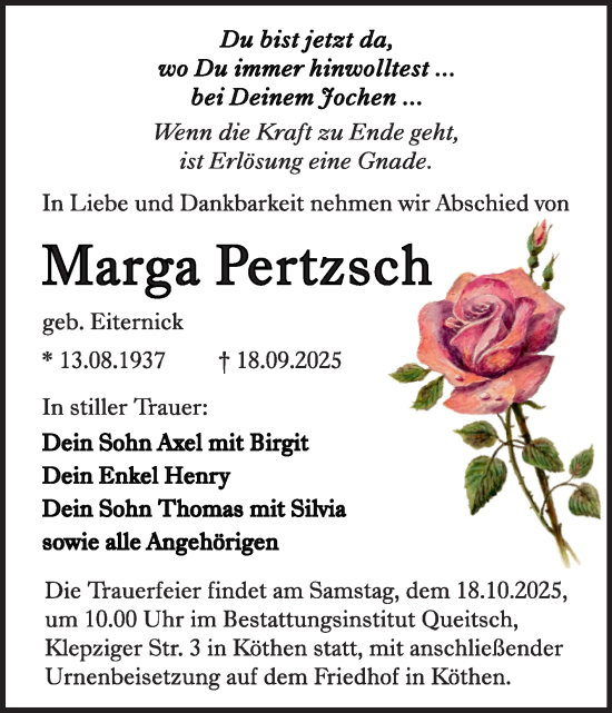 Traueranzeige von Marga Pertzsch von Trauerkombi Köthen