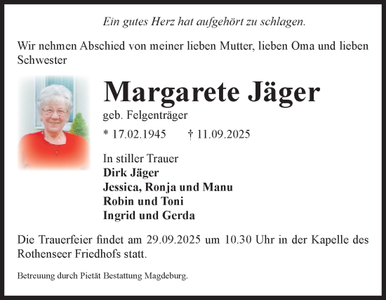 Traueranzeige von Margarete Jäger von Volksstimme Magdeburg