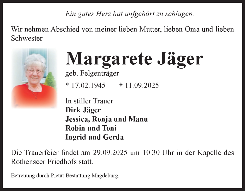  Traueranzeige für Margarete Jäger vom 20.09.2025 aus Volksstimme Magdeburg