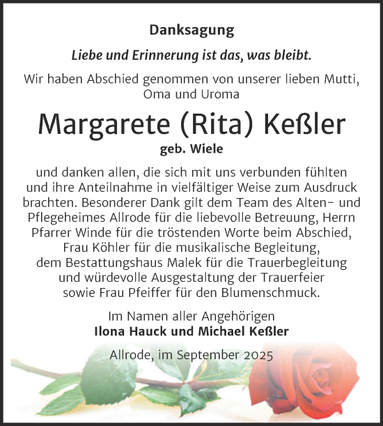 Traueranzeige von Margarete Keßler von Trauerkombi Quedlinburg