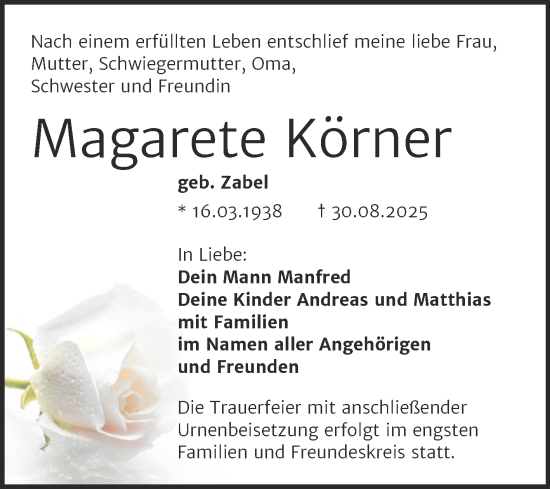 Traueranzeige von Margarete Körner von Trauerkombi Dessau