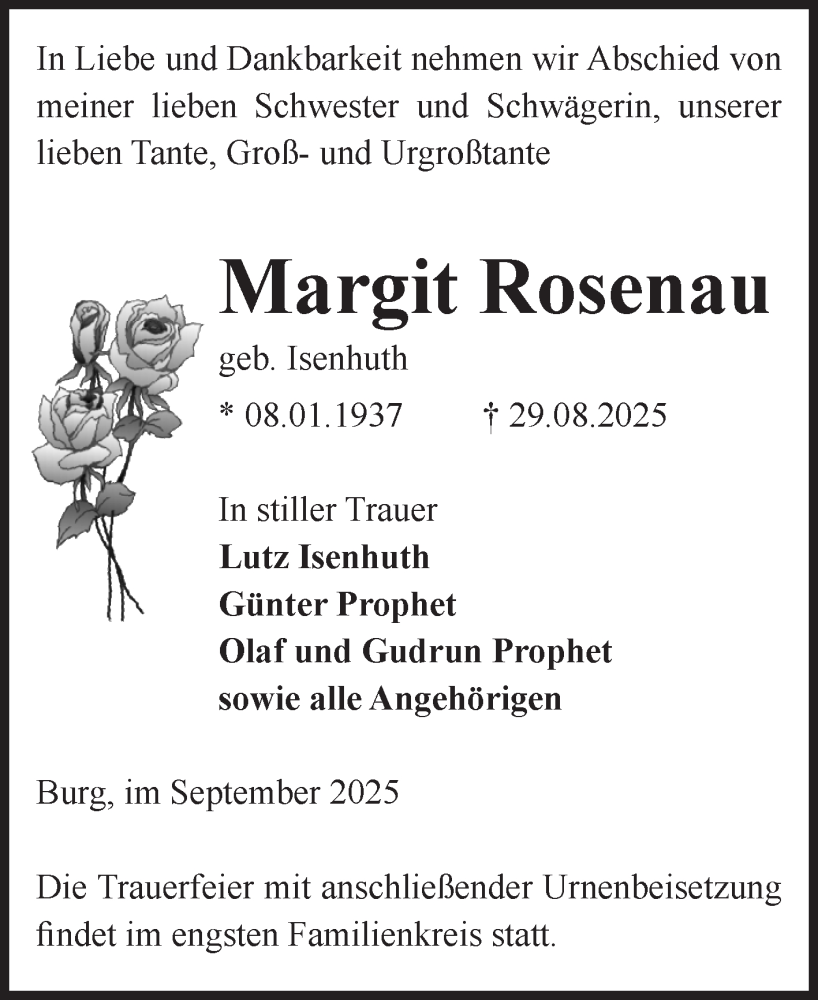  Traueranzeige für Margit Rosenau vom 06.09.2025 aus Volksstimme Burg/Genthin