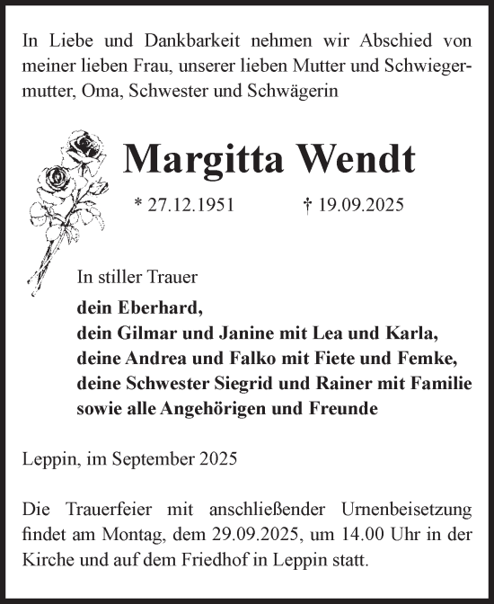 Traueranzeige von Margitta Wendt von Volksstimme Altmark Ost
