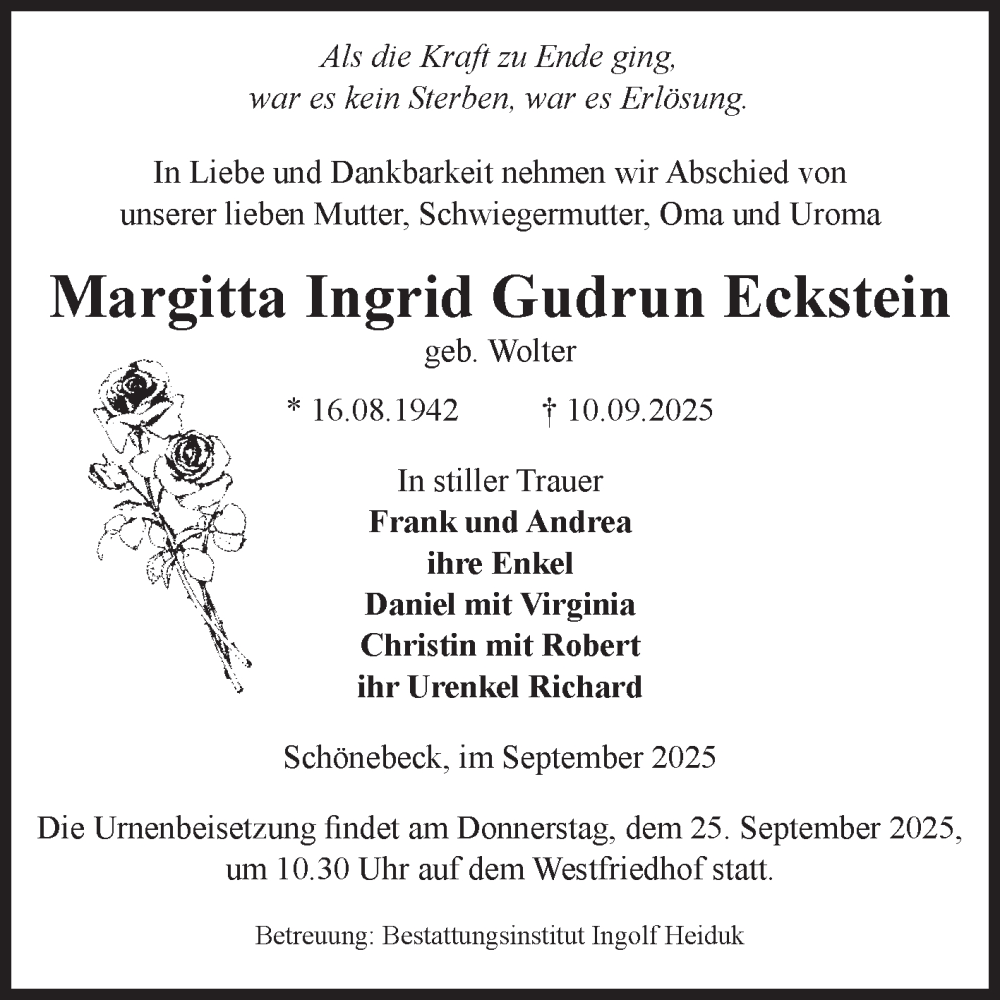  Traueranzeige für Margitta Ingrid Gudrun Eckstein vom 13.09.2025 aus Volksstimme Schönebeck
