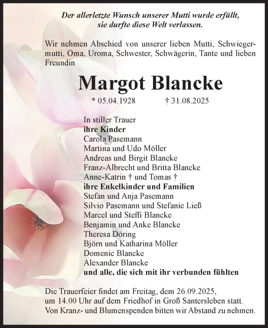 Traueranzeige von Margot Blancke von Volksstimme Magdeburg