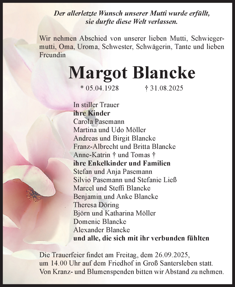  Traueranzeige für Margot Blancke vom 13.09.2025 aus Volksstimme Magdeburg