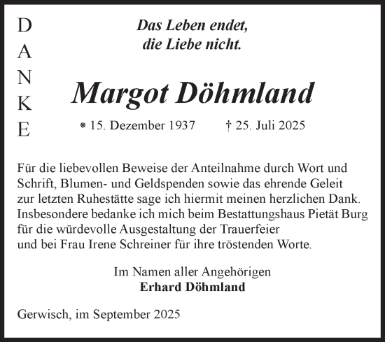 Traueranzeige von Margot Döhmland von Volksstimme Burg/Genthin