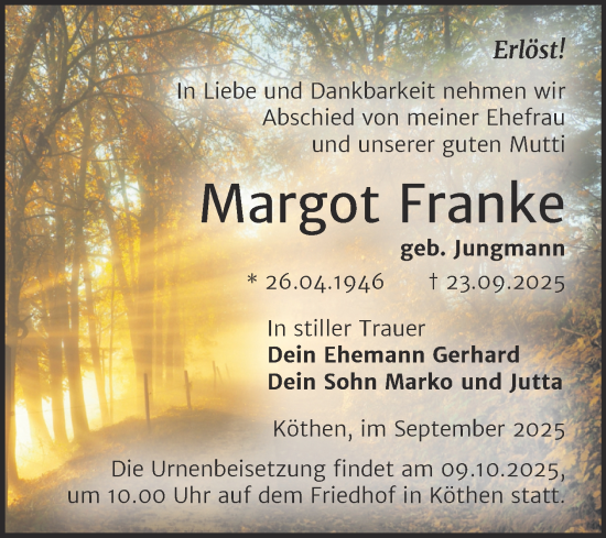 Traueranzeige von Margot Franke von Trauerkombi Köthen