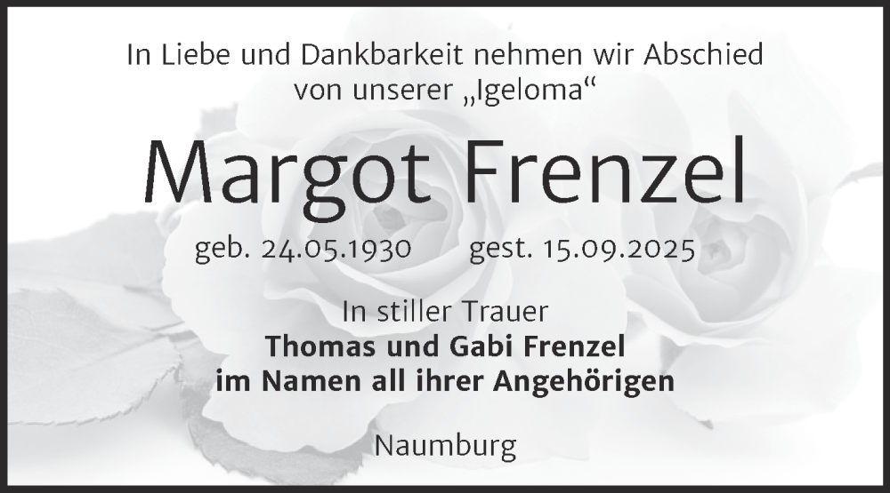  Traueranzeige für Margot Frenzel vom 20.09.2025 aus Super Sonntag Naumburg/Nebra