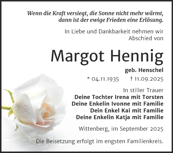 Traueranzeige von Margot Hennig von Trauerkombi Wittenberg