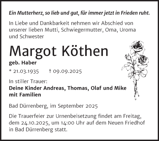 Traueranzeige von Margot Köthen von Trauerkombi Merseburg