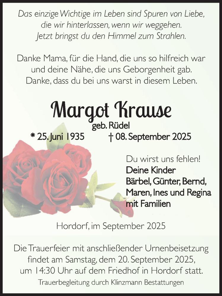  Traueranzeige für Margot Krause vom 13.09.2025 aus Volksstimme Oschersleben/Wanzleben