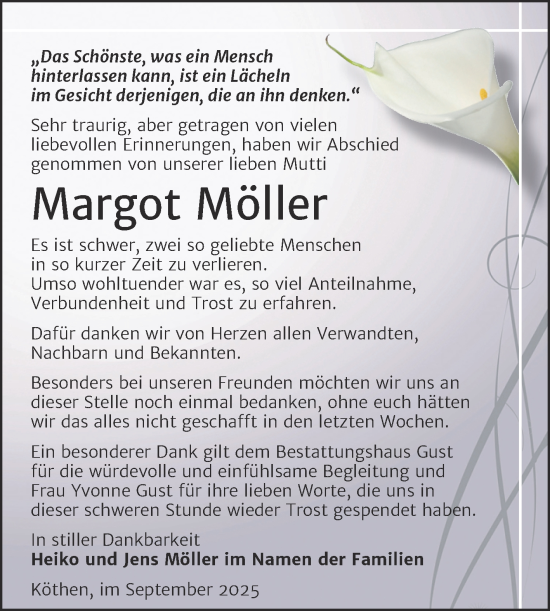 Traueranzeige von Margot Möller von Trauerkombi Köthen