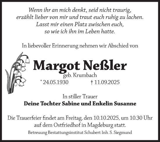 Traueranzeige von Margot Neßler von Volksstimme Magdeburg