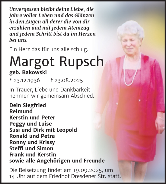 Traueranzeige von Margot Rupsch von Trauerkombi Wittenberg