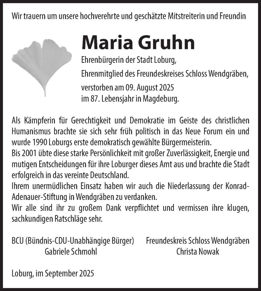  Traueranzeige für Maria Gruhn vom 20.09.2025 aus Volksstimme Zerbst