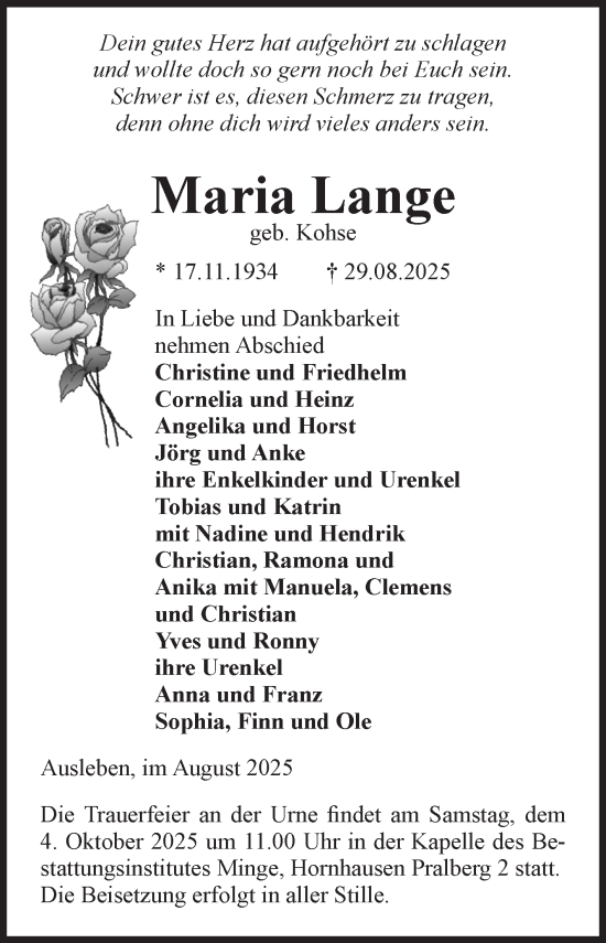 Traueranzeige von Maria Lange von Volksstimme Oschersleben/Wanzleben