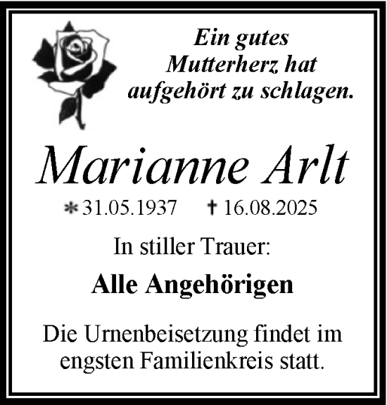 Traueranzeige von Marianne Arlt von Trauerkombi Wittenberg