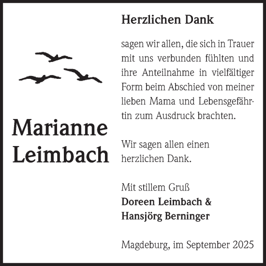 Traueranzeige von Marianne Leimbach von Volksstimme Magdeburg