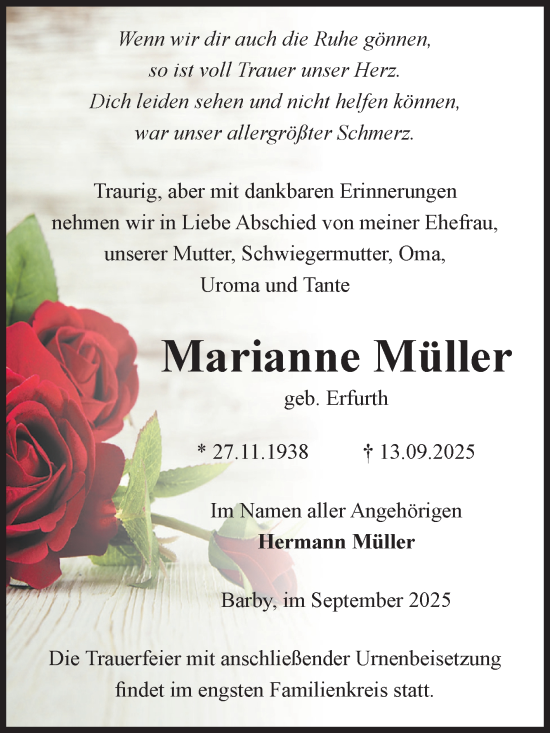 Traueranzeige von Marianne Müller von Volksstimme Schönebeck