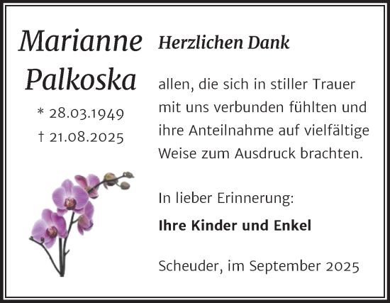 Traueranzeige von Marianne Palkoska von Trauerkombi Köthen