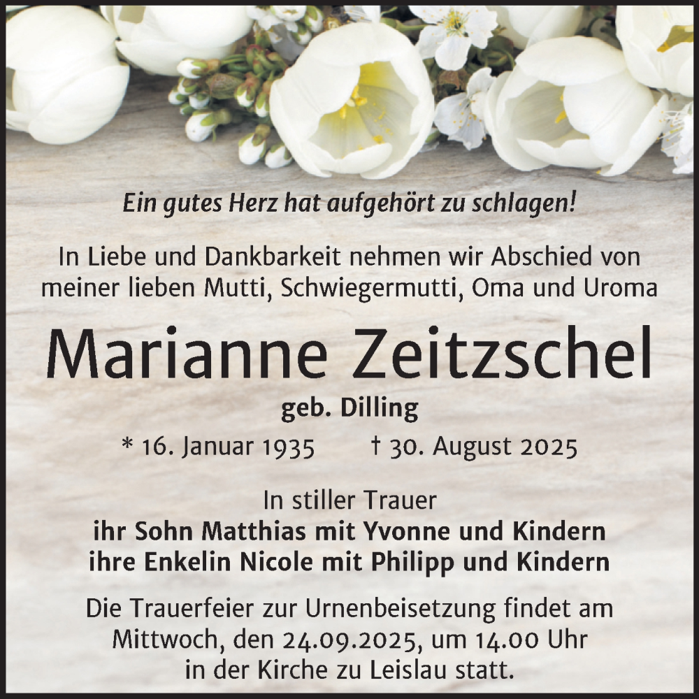  Traueranzeige für Marianne Zeitzschel vom 13.09.2025 aus Super Sonntag Naumburg/Nebra