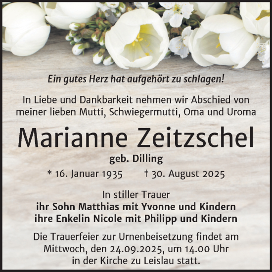 Traueranzeige von Marianne Zeitzschel von Super Sonntag Naumburg/Nebra
