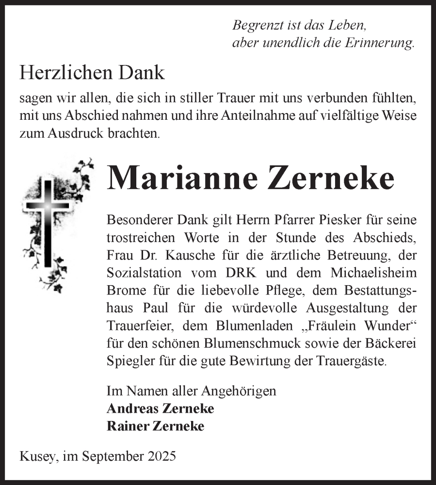  Traueranzeige für Marianne Zerneke vom 16.09.2025 aus Volksstimme Altmark West