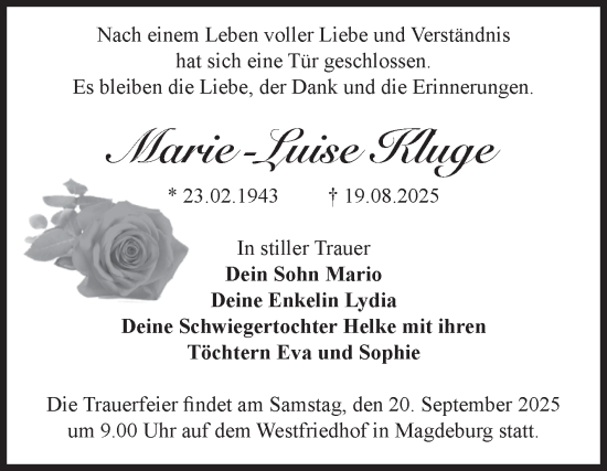 Traueranzeige von Marie-Luise Kluge von Volksstimme Magdeburg