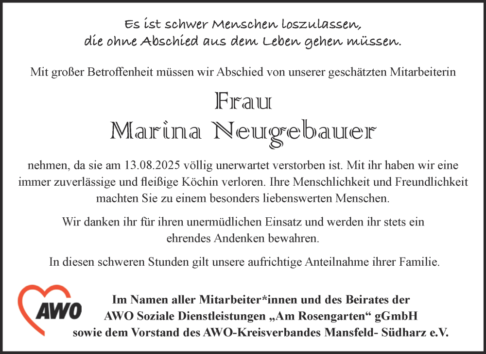  Traueranzeige für Marina Neugebauer vom 20.09.2025 aus Super Sonntag Sangerhausen