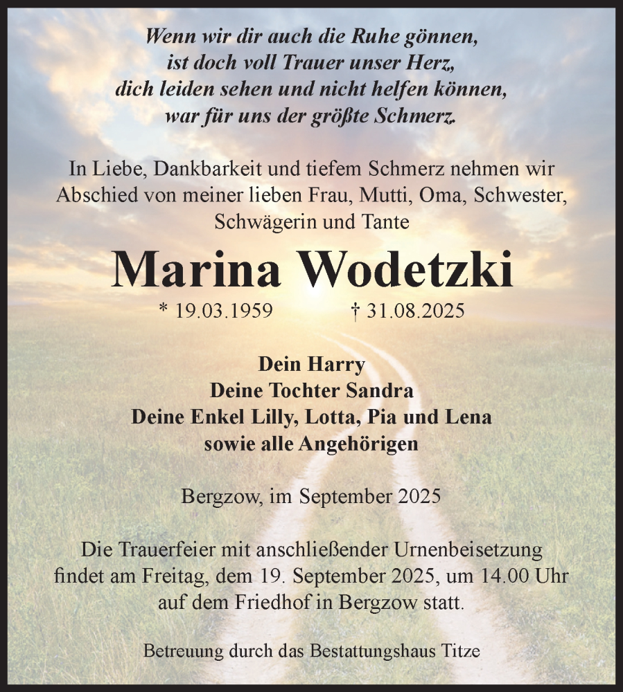  Traueranzeige für Marina Wodetzki vom 06.09.2025 aus Volksstimme Burg/Genthin