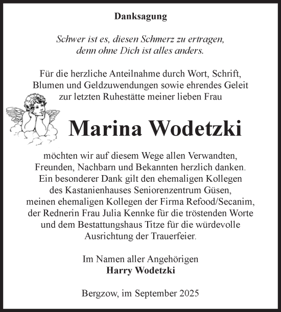 Traueranzeige von Marina Wodetzki von Volksstimme Burg/Genthin