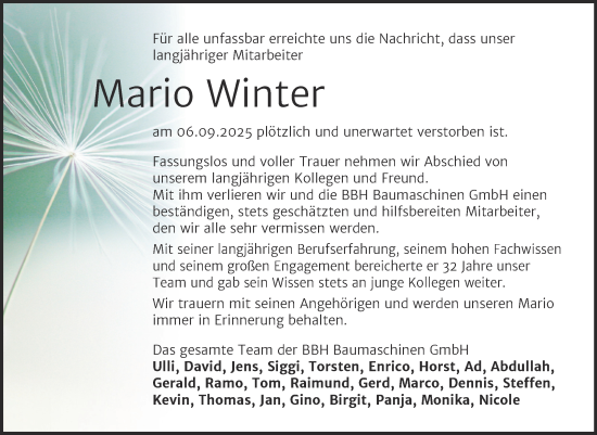Traueranzeige von Mario Winter von Mitteldeutsche Zeitung Halle/Saalkreis