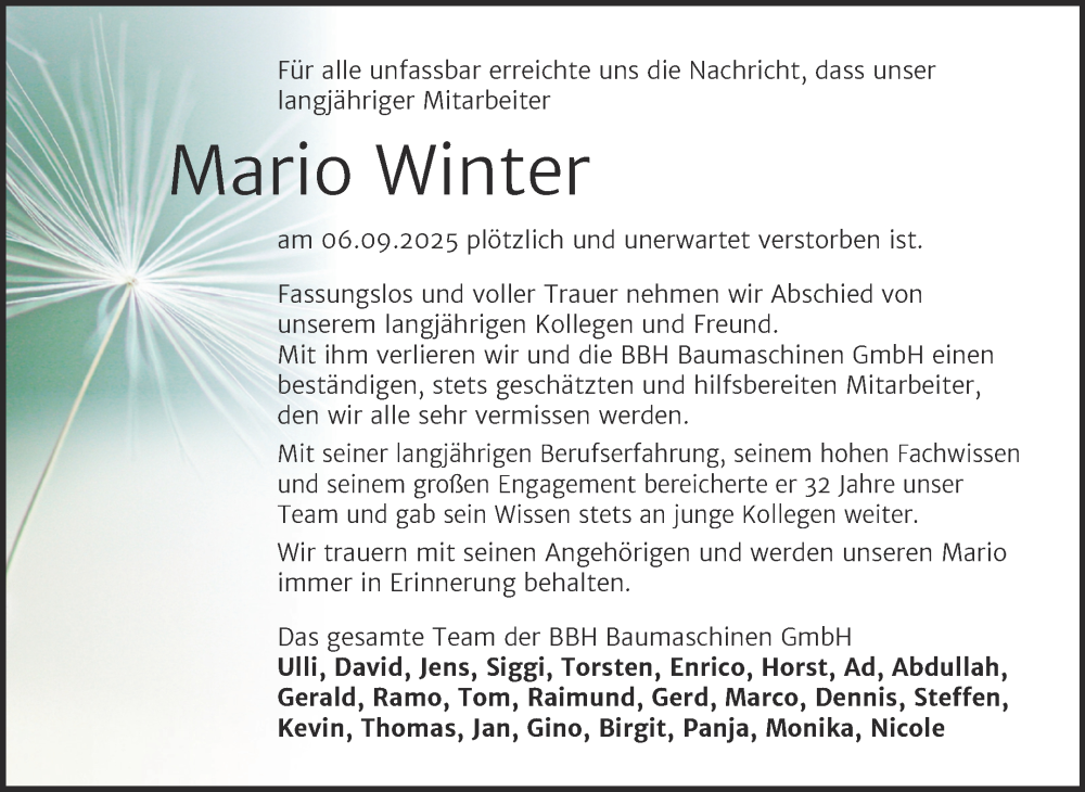  Traueranzeige für Mario Winter vom 20.09.2025 aus Mitteldeutsche Zeitung Halle/Saalkreis
