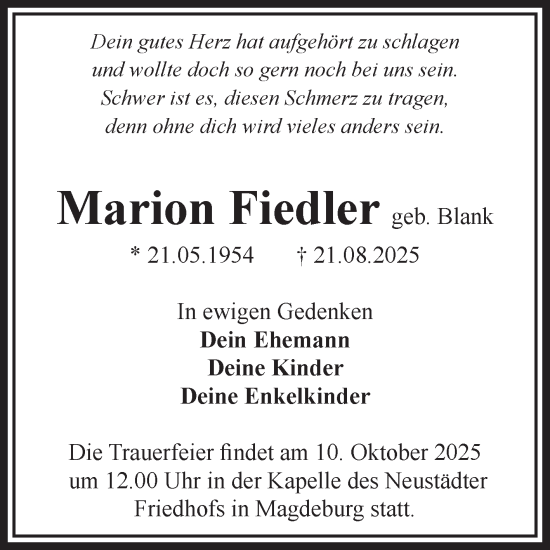 Traueranzeige von Marion Fiedler von Volksstimme Magdeburg