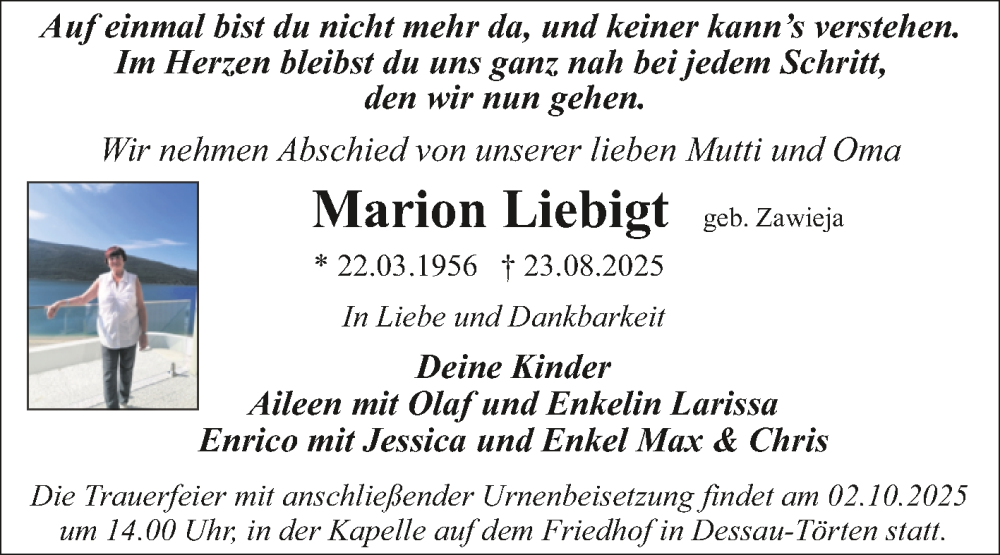  Traueranzeige für Marion Liebigt vom 06.09.2025 aus Trauerkombi Dessau