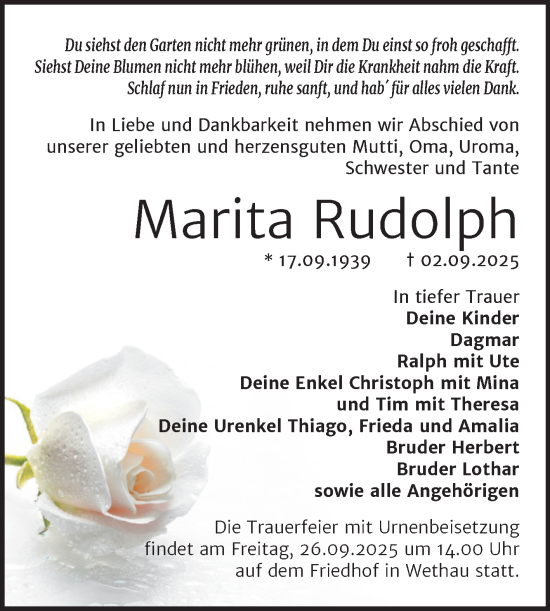 Traueranzeige von Marita Rudolph von Super Sonntag Naumburg/Nebra