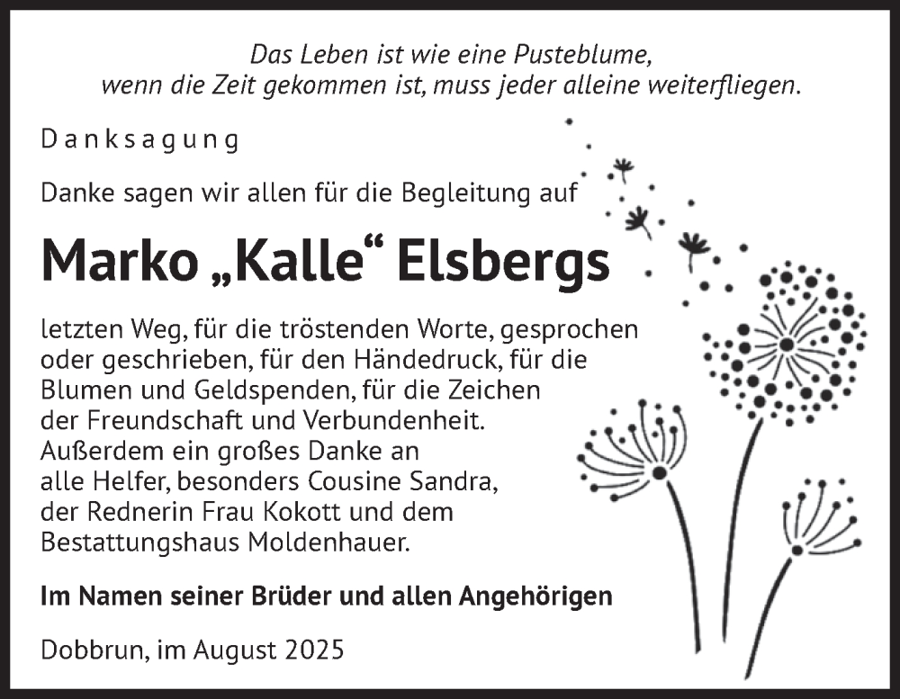  Traueranzeige für Marko Elsbergs vom 13.09.2025 aus Volksstimme Altmark Ost