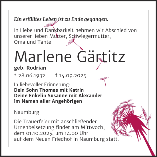 Traueranzeige von Marlene Gärtitz von Naumburger Tageblatt