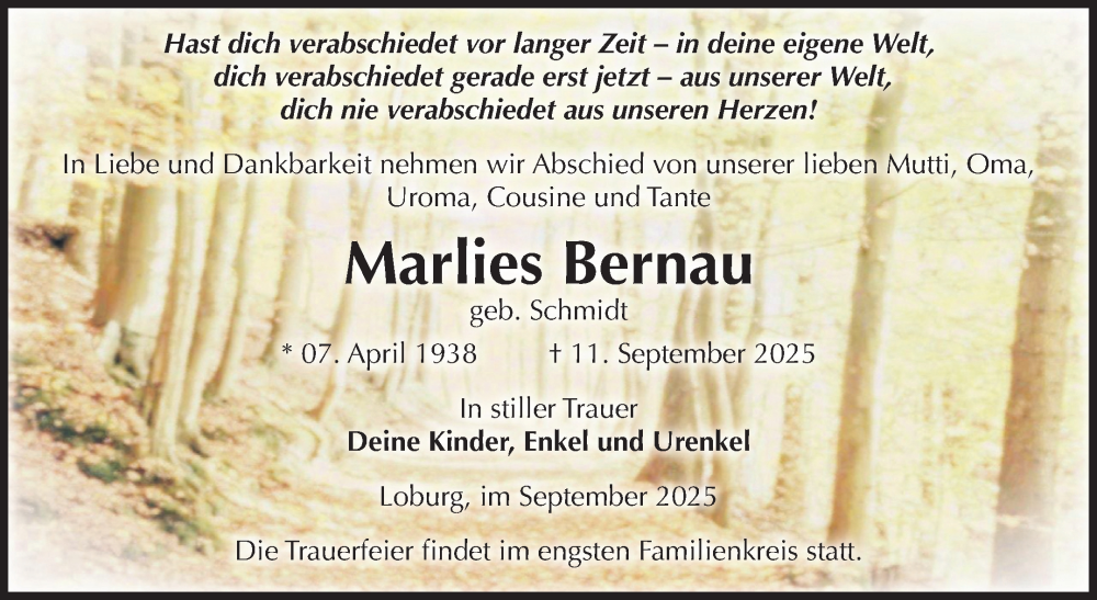  Traueranzeige für Marlies Bernau vom 20.09.2025 aus Volksstimme Zerbst