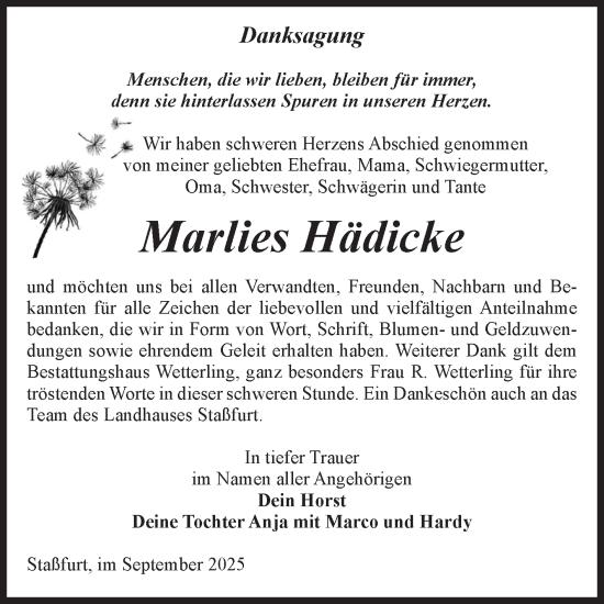 Traueranzeige von Marlies Hädicke von Volksstimme Staßfurt